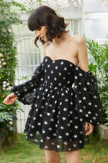 Black A Line Off the Shoulder Stars Short Homecoming Dress with Long Sleeves