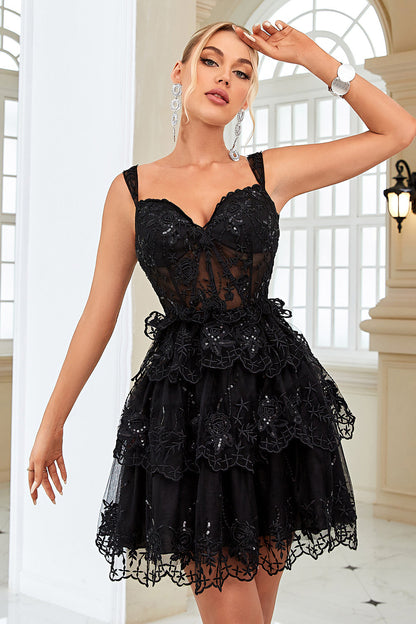 Cute A Line Black Corset Tiered Short Homecoming Dress with Lace