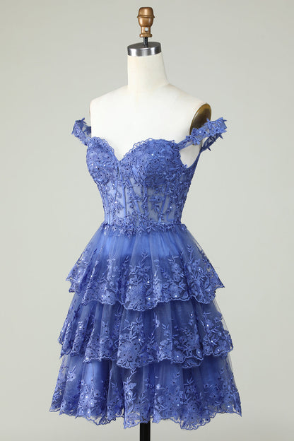 Cute A Line Dark Blue Corset Tiered Short Homecoming Dress with Lace