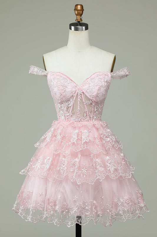 Cute A Line Off the Shoulder Pink Corset Homecoming Dress with Lace