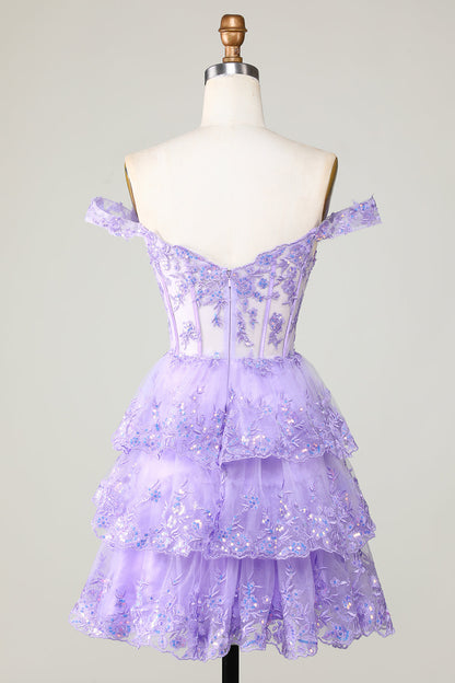 Princess A Line Purple Corset Tiered Short Homecoming Dress with Lace