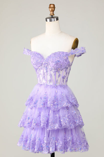 Princess A Line Purple Corset Tiered Short Homecoming Dress with Lace