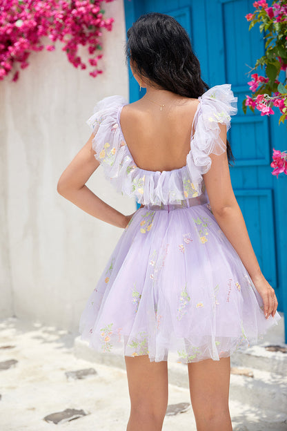 Cute A Line Lavender Off the Shoulder Corset Homecoming Dress with Ruffles