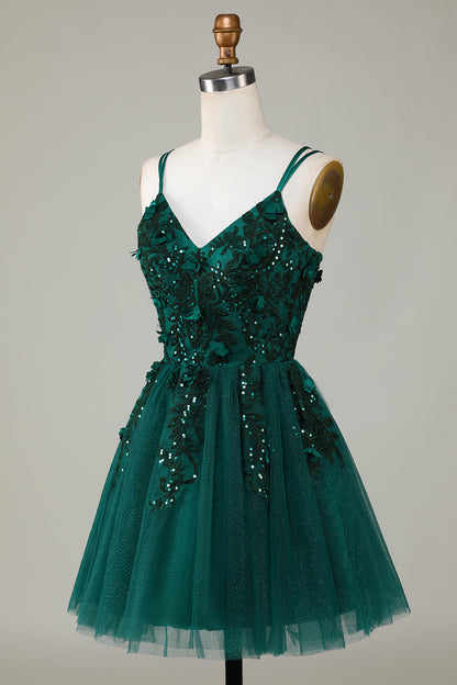 Stylish A Line Spaghetti Straps Dark Green Short Homecoming Dress with Appliques Beading