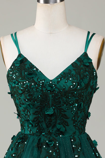 Stylish A Line Spaghetti Straps Dark Green Short Homecoming Dress with Appliques Beading