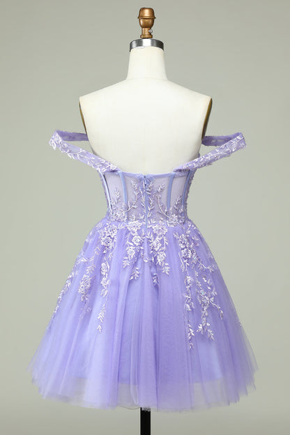 A Line Off the Shoulder Lilac Corset Homecoming Dress with Appliques