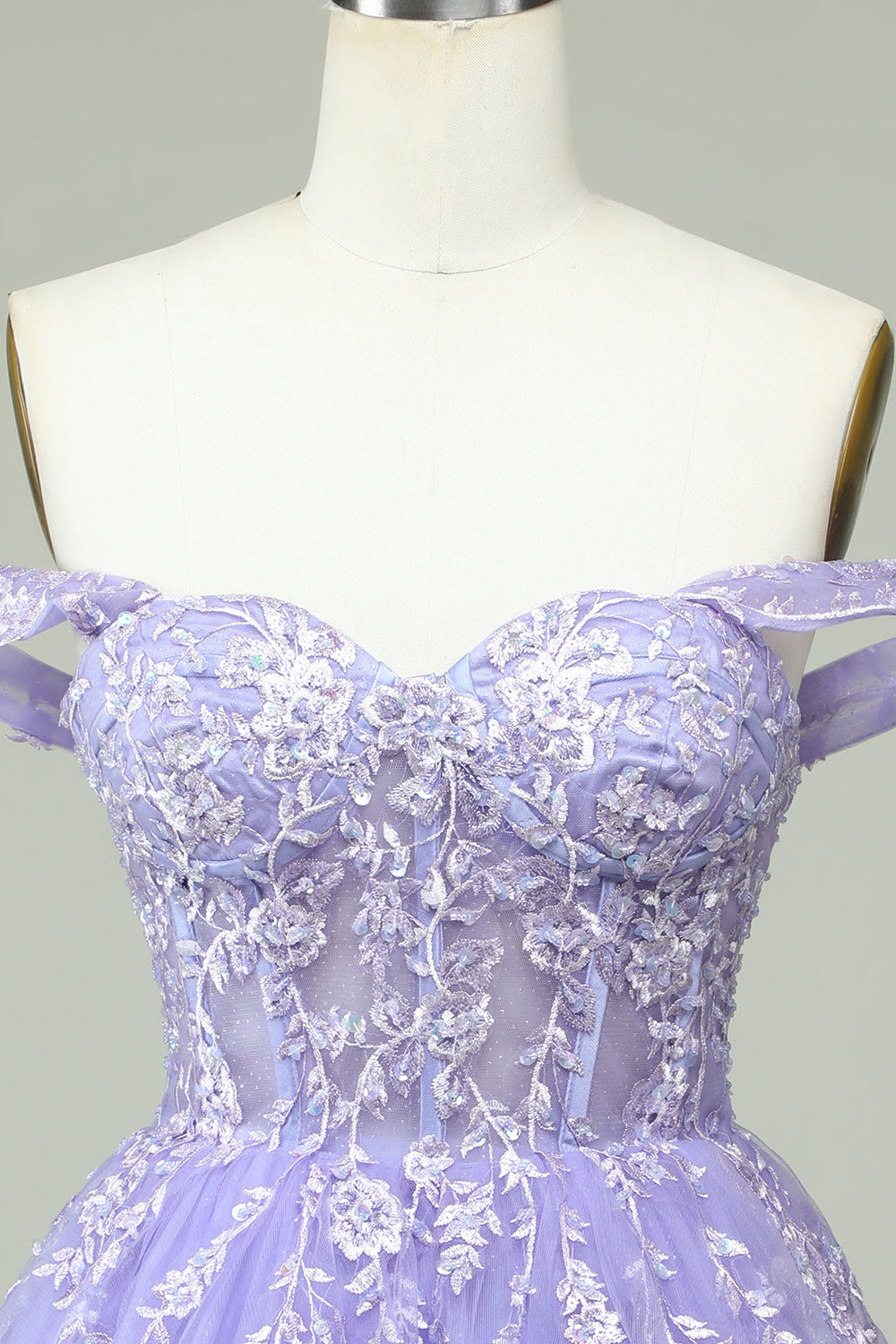 A Line Off the Shoulder Lilac Corset Homecoming Dress with Appliques