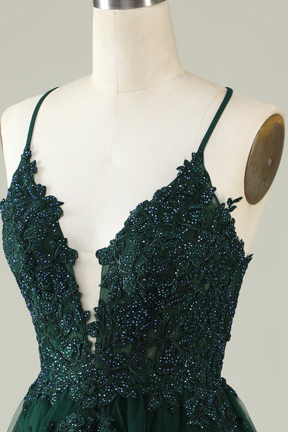 A Line Spaghetti Straps Dark Green Short Homecoming Dress with Appliques