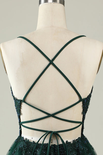 A Line Spaghetti Straps Dark Green Short Homecoming Dress with Appliques