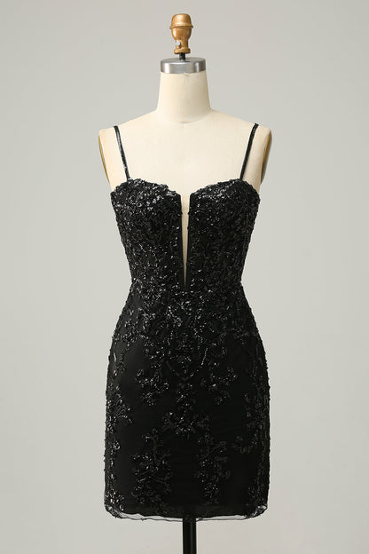 Sheath Spaghetti Straps Black Sequins Short Homecoming Dress with Criss Cross Back