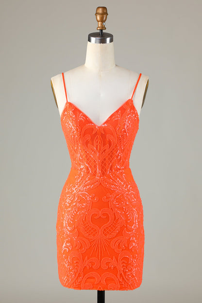 Sparkly Sequins Tight Orange Homecoming Dress