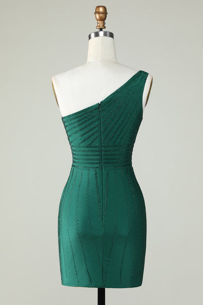 Sheath One Shoulder Dark Green Short Homecoming Dress with Beading