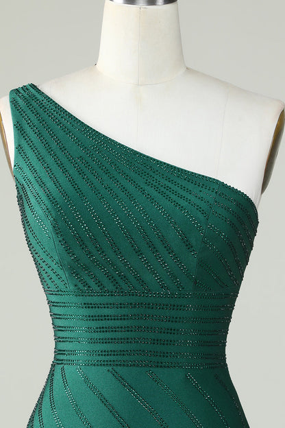 Sheath One Shoulder Dark Green Short Homecoming Dress with Beading