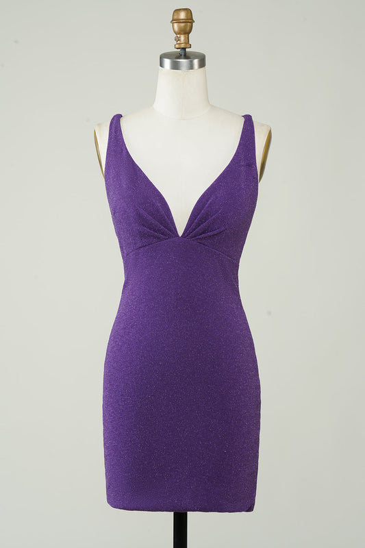 Stylish Deep V Neck Purple Short Homecoming Dress with Criss Cross Back