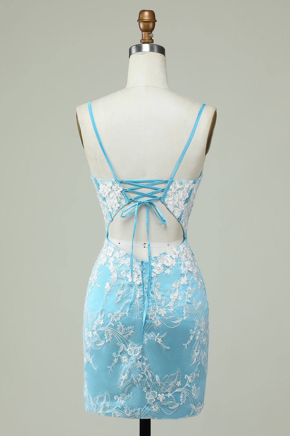 Sheath Spaghetti Straps Light Blue Short Homecoming Dress with Appliques