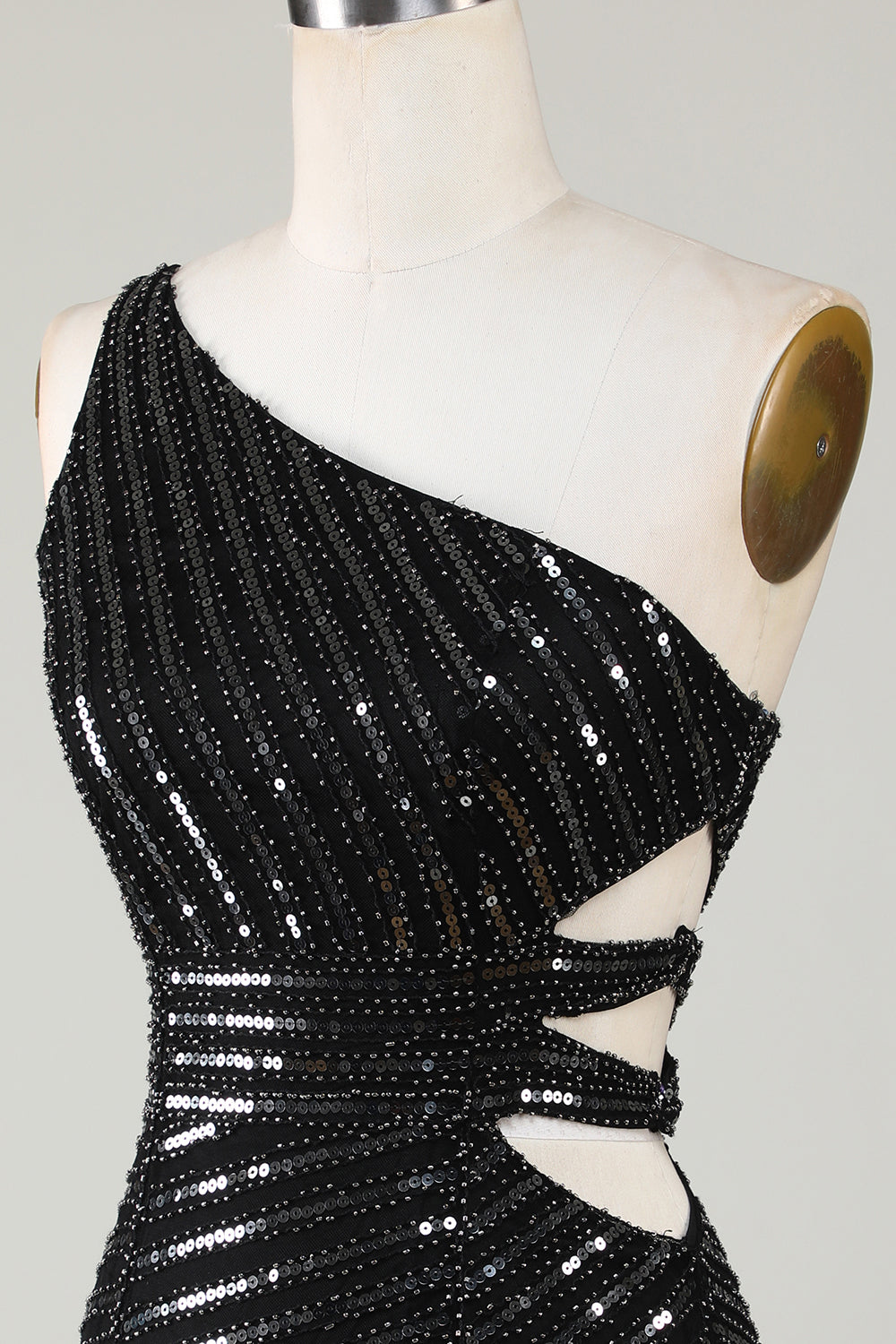 Sparkly Bodycon One Shoulder Black Sequins Short Homecoming Dress with Cut Out