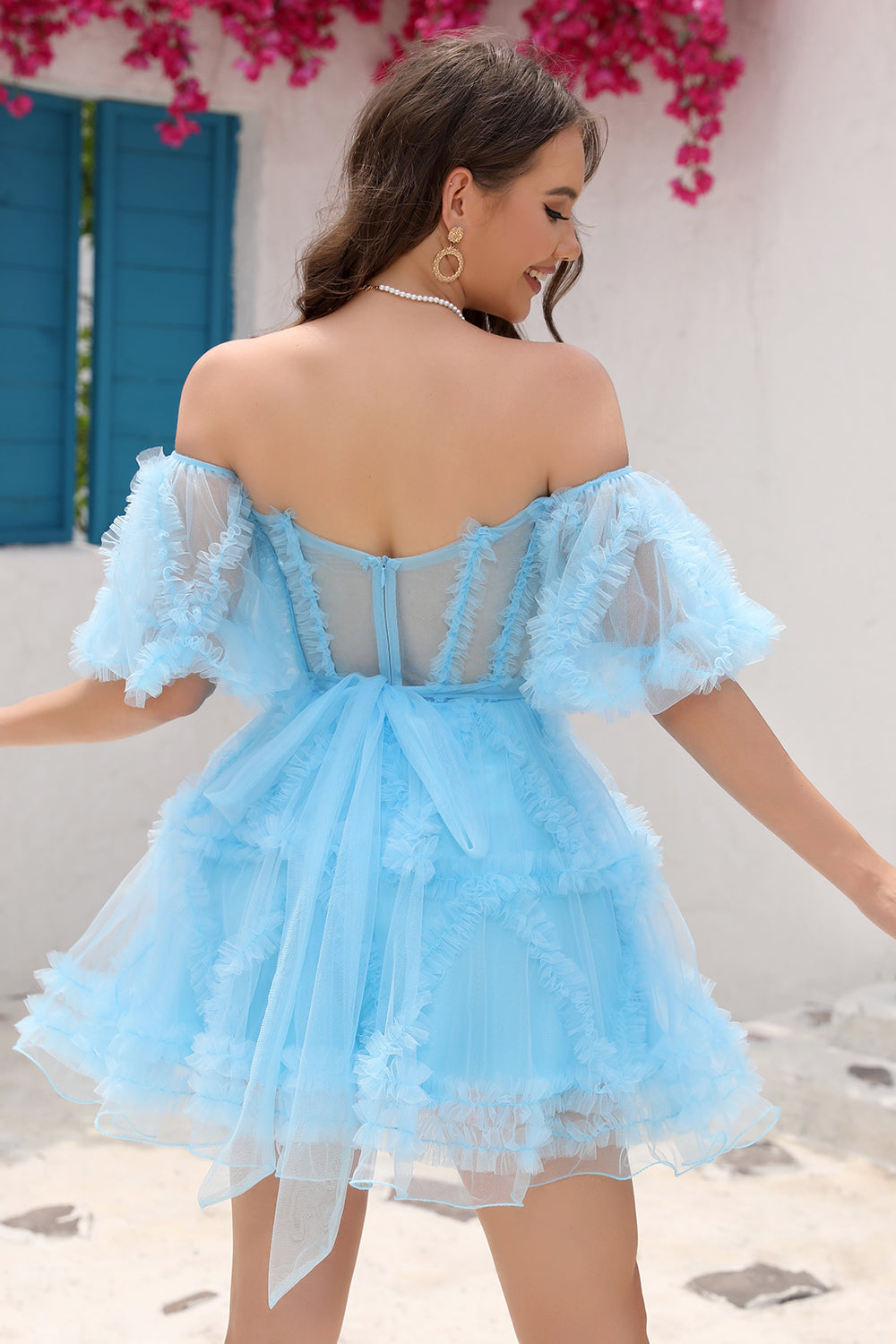 A Line Purple Tulle Off The Shoulder Short Homecoming Dress