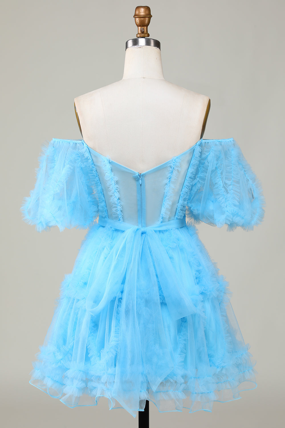 Cute A line Blue Tulle Off The Shoulder Short Homecoming Dress