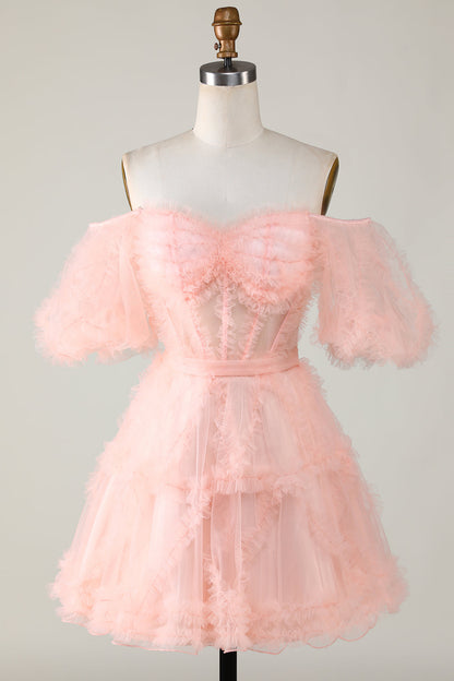 Cute A Line Off the Shoulder Pink Tulle Homecoming Dress