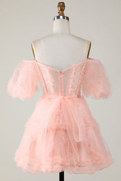 Hot Pink Off the Shoulder Tulle Homecoming Dress