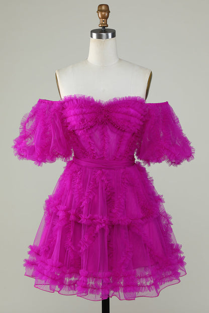 Hot Pink Off the Shoulder Tulle Homecoming Dress