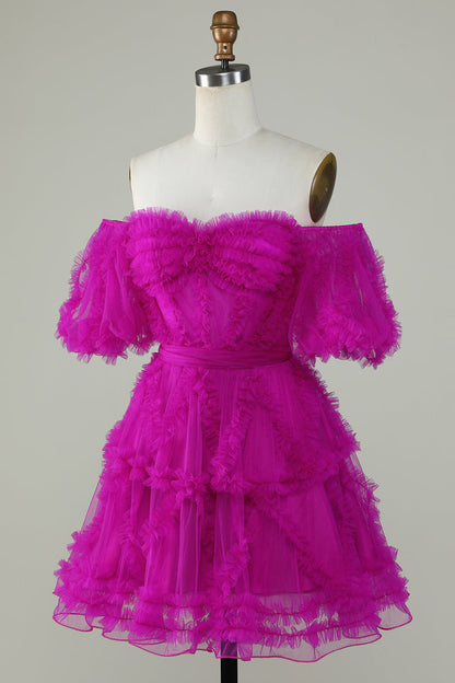 Stylish A Line Off the Shoulder Fuchsia Tulle Corset Homecoming Dress