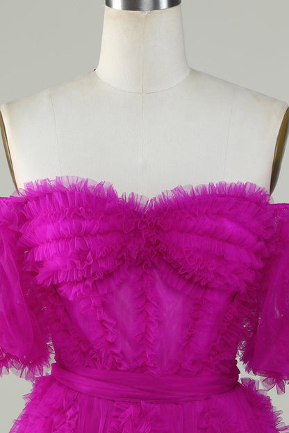 Stylish A Line Off the Shoulder Fuchsia Tulle Corset Homecoming Dress