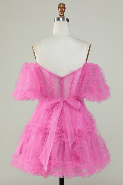 Cute A Line Off the Shoulder Pink Tulle Homecoming Dress