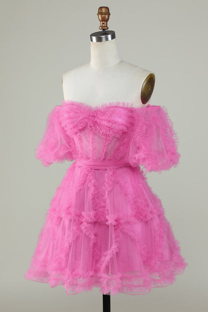 Cute A Line Off the Shoulder Pink Tulle Homecoming Dress