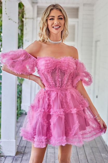 A Line Purple Tulle Off The Shoulder Short Homecoming Dress