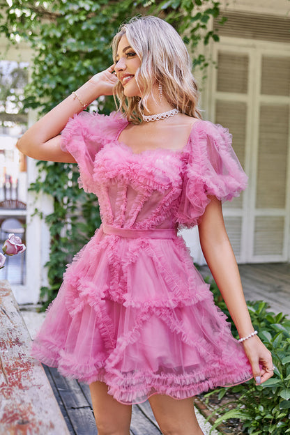 A Line Purple Tulle Off The Shoulder Short Homecoming Dress