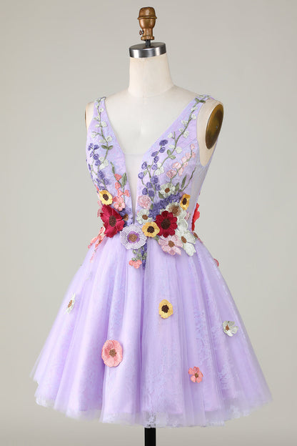 A Line Deep V Neck Open Back Purple Homecoming Dress With 3D Flowers