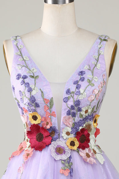 A Line Deep V Neck Open Back Purple Homecoming Dress With 3D Flowers