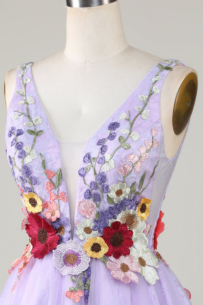 A Line Deep V Neck Open Back Purple Homecoming Dress With 3D Flowers