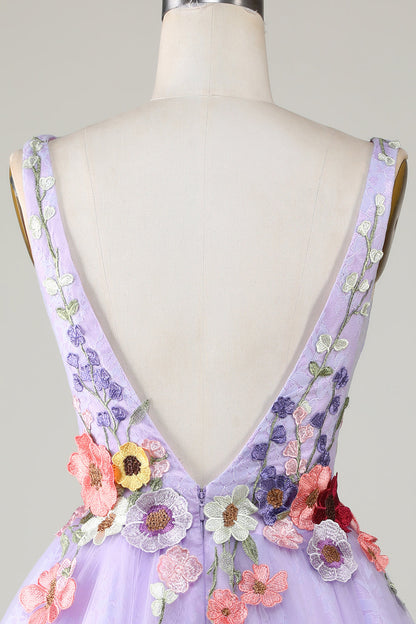 A Line Deep V Neck Open Back Purple Homecoming Dress With 3D Flowers