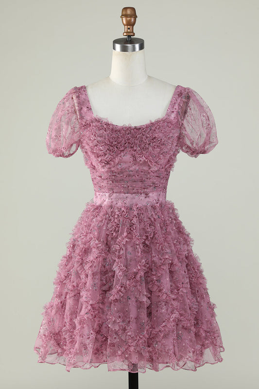 Gorgeous A Line Floral Dusty Rose Homecoming Dress with Ruffles