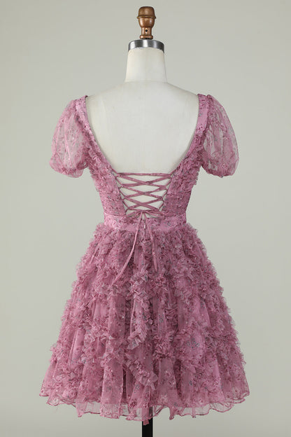 Gorgeous A Line Floral Dusty Rose Homecoming Dress with Ruffles