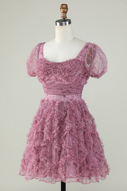 Gorgeous A Line Floral Dusty Rose Homecoming Dress with Ruffles