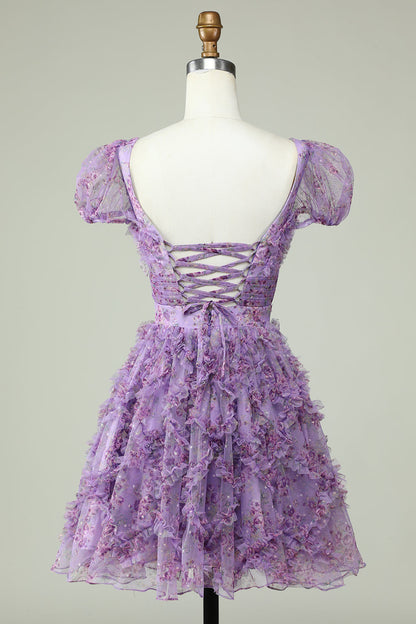 Floral A Line Purple Homecoming Dress with Ruffles