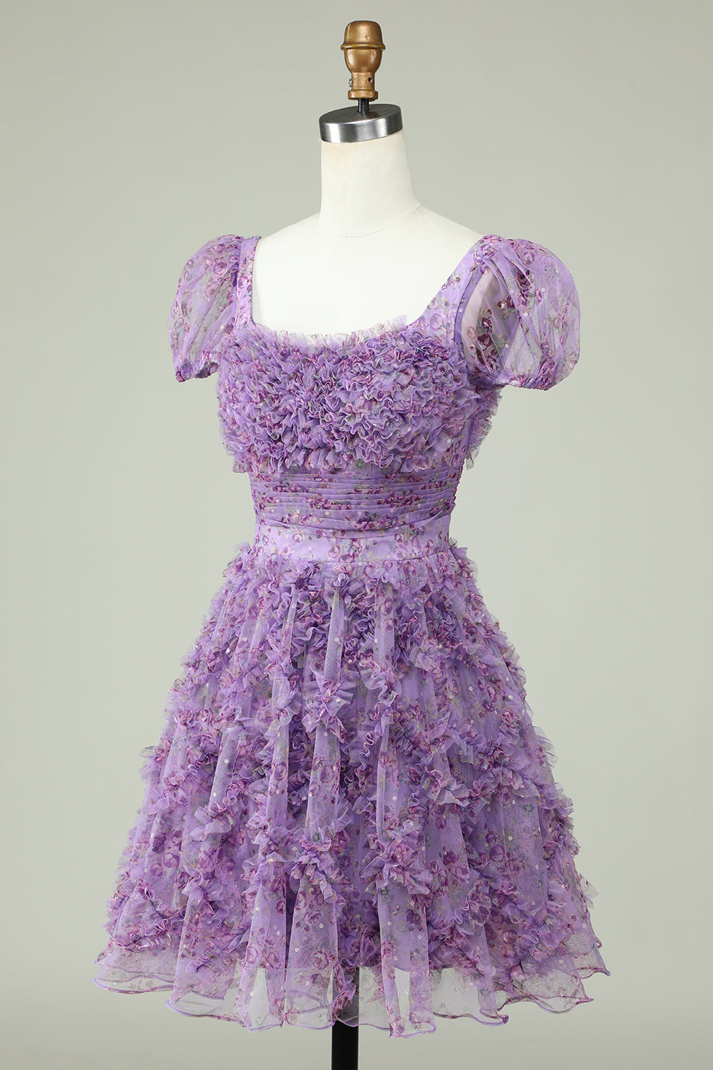 Floral A Line Purple Homecoming Dress with Ruffles