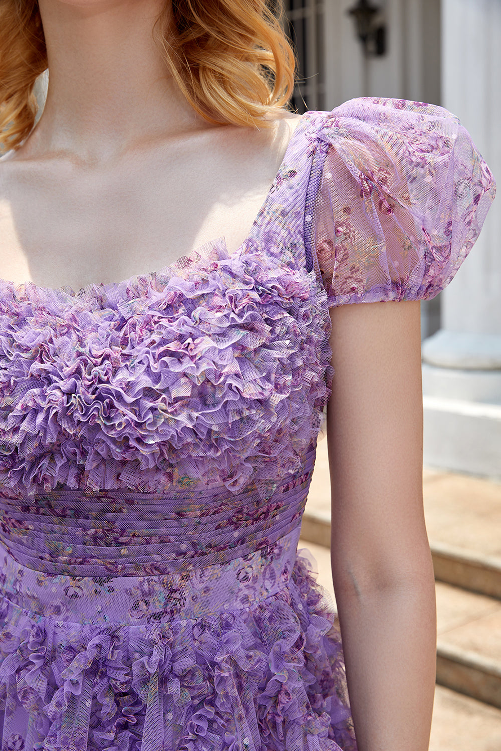 A Line Purple Square Neck Printed Homecoming Dress with Ruffles