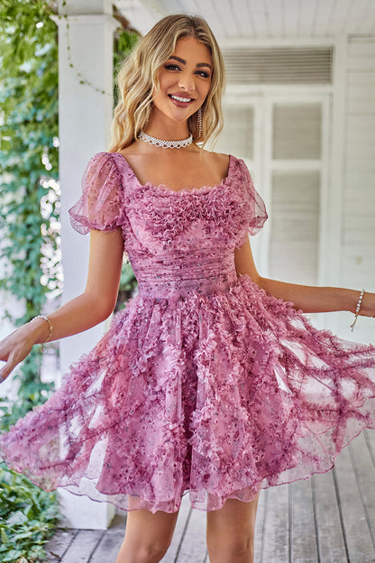 A Line Purple Square Neck Printed Homecoming Dress with Ruffles