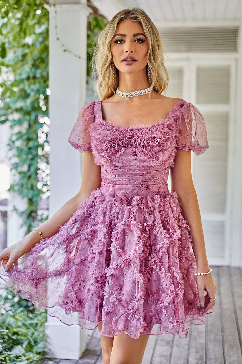 A Line Purple Square Neck Printed Homecoming Dress with Ruffles