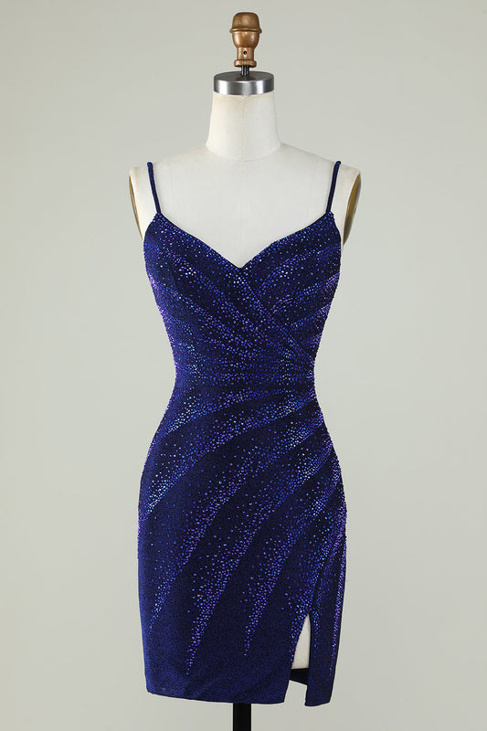 Sparkly Sheath Spaghetti Straps Royal Blue Short Homecoming Dress with Beading