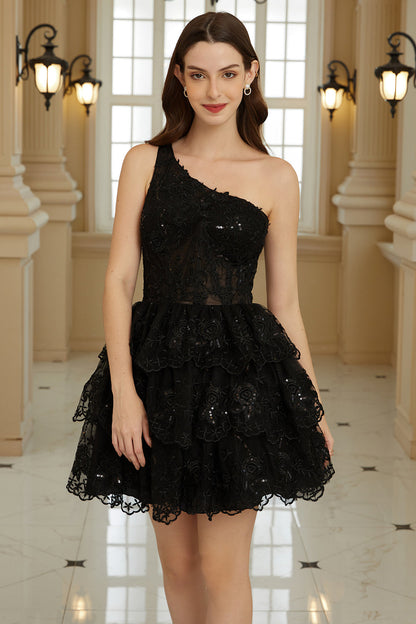 Stylish A Line One Shoulder Black Short Homecoming Dress with Appliques