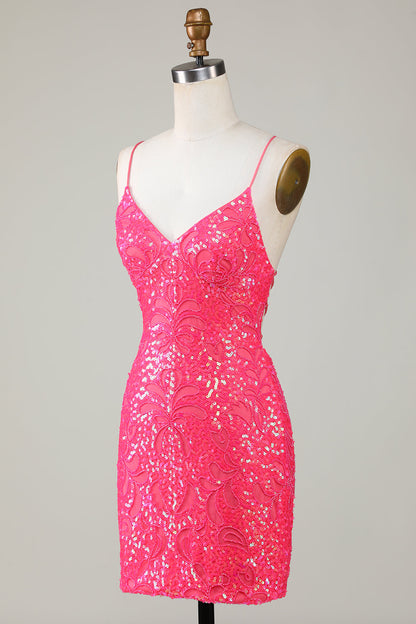 Unique Sparkly Fuchsia Beaded Tight Short Homecoming Dress