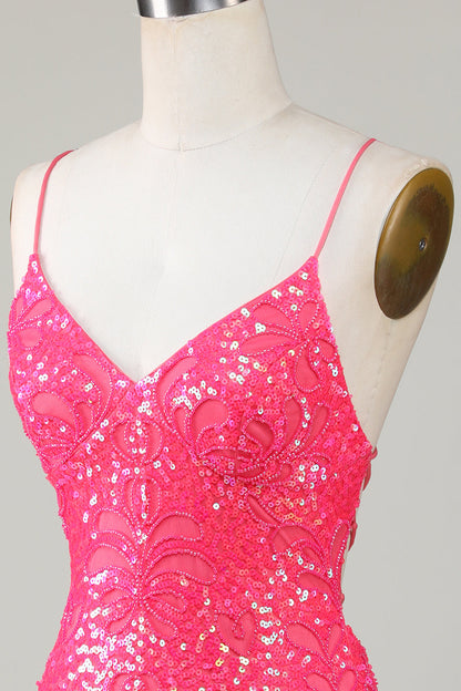 Unique Sparkly Fuchsia Beaded Tight Short Homecoming Dress