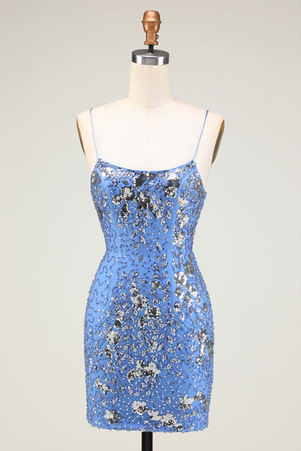 Sparkly Sheath Spaghetti Straps Grey Blue Sequins Short Homecoming Dress with Criss Cross Back