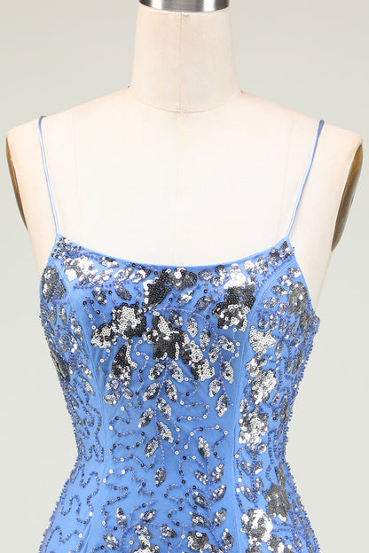 Sparkly Sheath Spaghetti Straps Grey Blue Sequins Short Homecoming Dress with Criss Cross Back