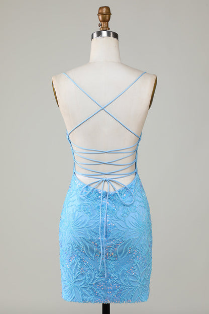 Sparkly Blue Beaded Tight Short Homecoming Dress with Lace Up Back